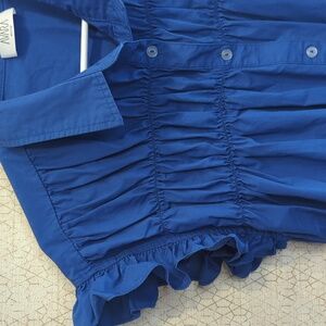 Avara Medium Blue Casual Cotton Feminine Comfy Dress, Ruffled Sleeves and Chest